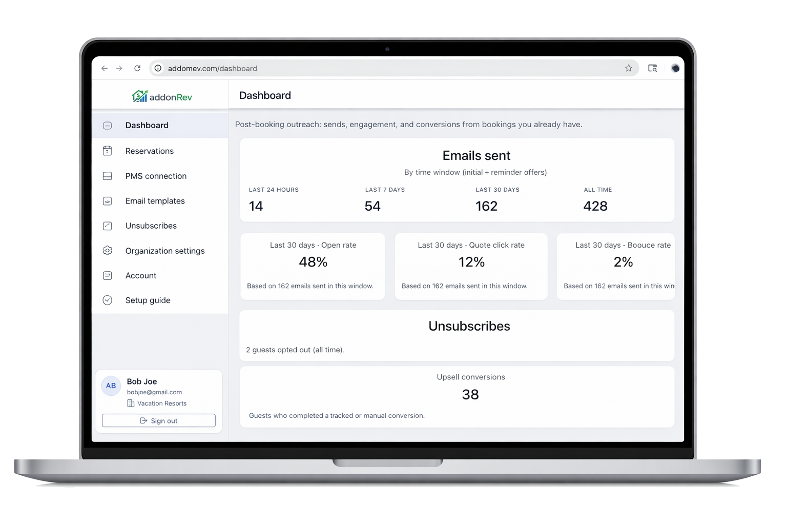 AddonRev app dashboard showing post-booking email sends, open and quote click rates, unsubscribes, and upsell conversions.
